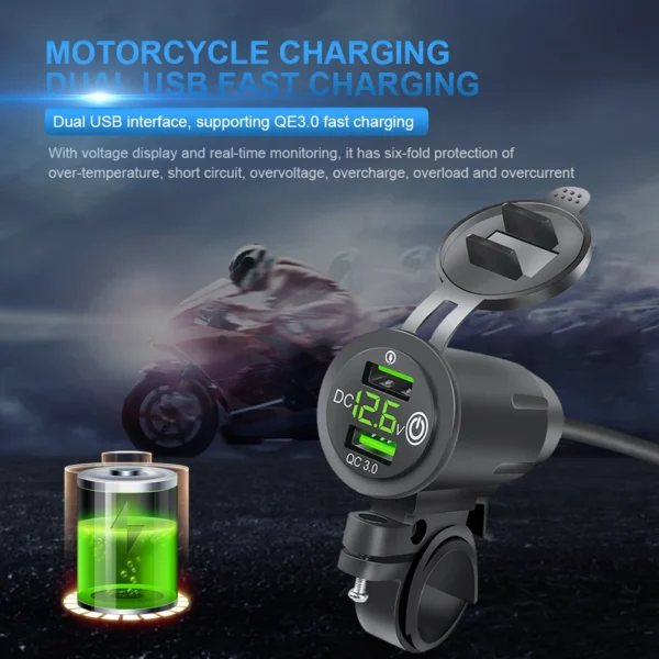 Chargeur USB Moto Étanche pour Guidon — Double Port Charge Rapide, Voltmètre Intégré, Waterproof
