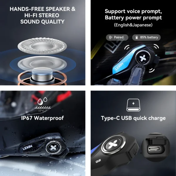 Intercom moto Bluetooth étanche IP67 charge USB-C