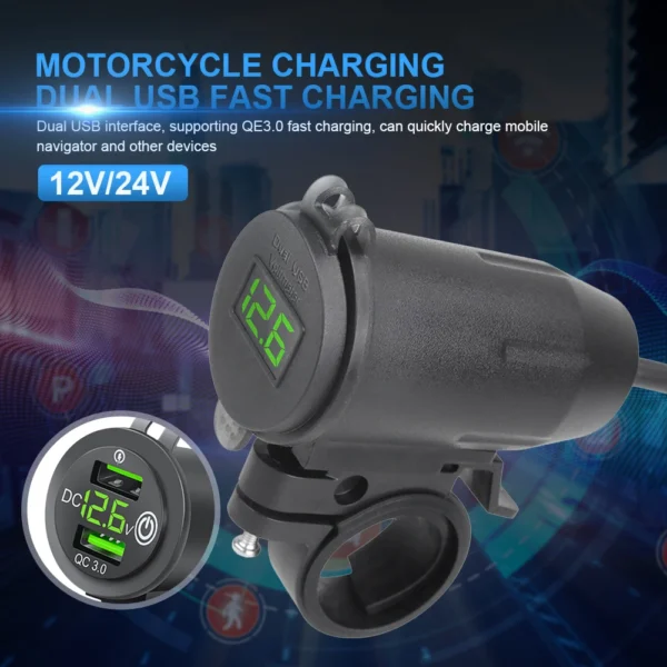 Chargeur USB Moto Étanche pour Guidon — Double Port Charge Rapide, Voltmètre Intégré, Waterproof