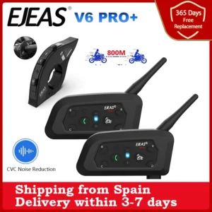 Intercom Bluetooth Moto EJEAS V6 PRO+ — Portée 1000m, jusqu'à 6 Motards, Étanche IP67