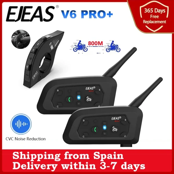 Intercom Bluetooth Moto EJEAS V6 PRO+ — Portée 1000m, jusqu'à 6 Motards, Étanche IP67