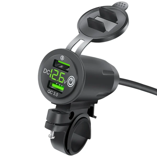 Chargeur USB Moto Étanche pour Guidon — Double Port Charge Rapide, Voltmètre Intégré, Waterproof