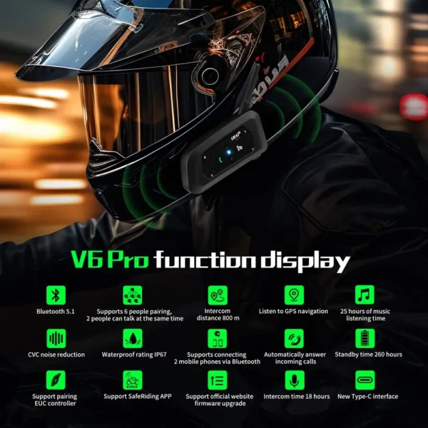 Intercom Bluetooth Moto EJEAS V6 PRO+ — Portée 1000m, jusqu'à 6 Motards, Étanche IP67
