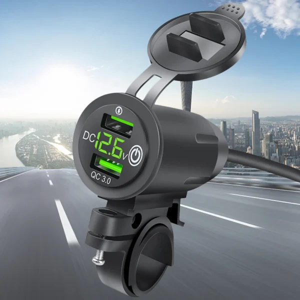 Chargeur USB Moto Étanche pour Guidon — Double Port Charge Rapide, Voltmètre Intégré, Waterproof