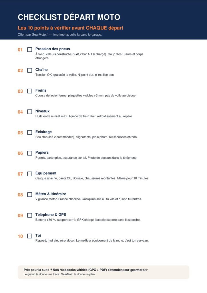 Aperçu de la checklist départ moto en 10 points, PDF gratuit Gear Moto à imprimer