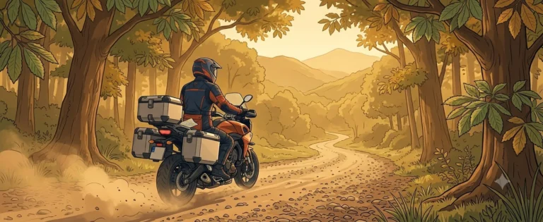 Moto équipée de valises sur un chemin forestier - roadbook off-road Massif Central Gearmoto