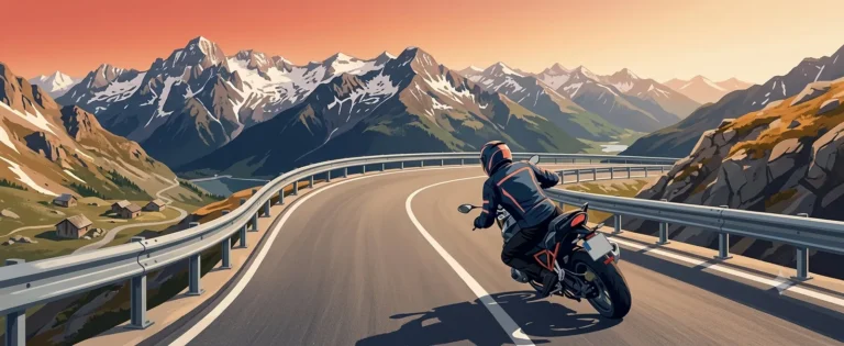 Motard dans un virage de col alpin enneigé - roadbook moto Alpes Gearmoto