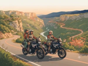 Plateau de l'Aubrac à moto, route déserte entre les burons à 1 300 m