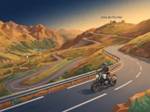 Moto sur la Corniche Sublime au-dessus des Gorges du Verdon, eau turquoise en contrebas