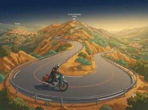 Route Napoléon N85 en moto, longue ligne de virages entre Grasse et Castellane
