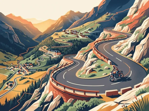 Route sinueuse des Monts du Lyonnais à moto, vue sur la vallée depuis les crêtes