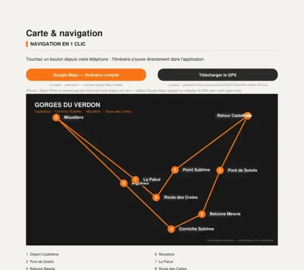 Extrait du roadbook PDF Gorges du Verdon — carte de l'itinéraire